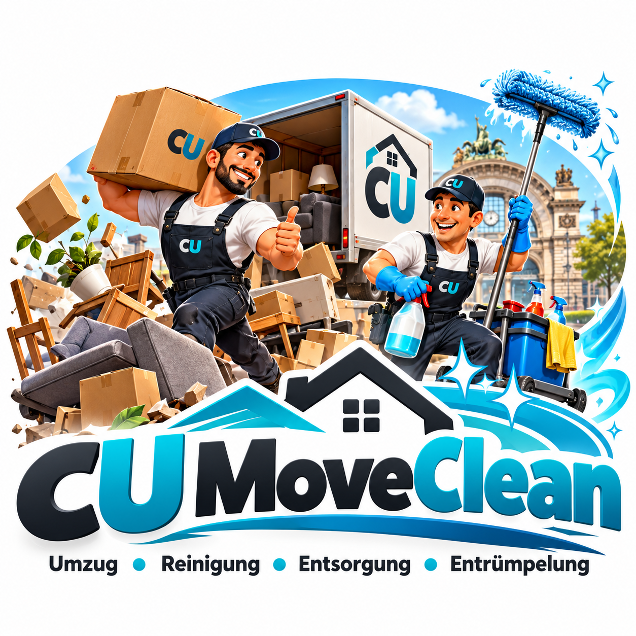 CU MoveClean: Illustration zu Umzug, Reinigung, Entsorgung und Entrümpelung mit Transportfahrzeug und zwei gezeichneten Helfern
